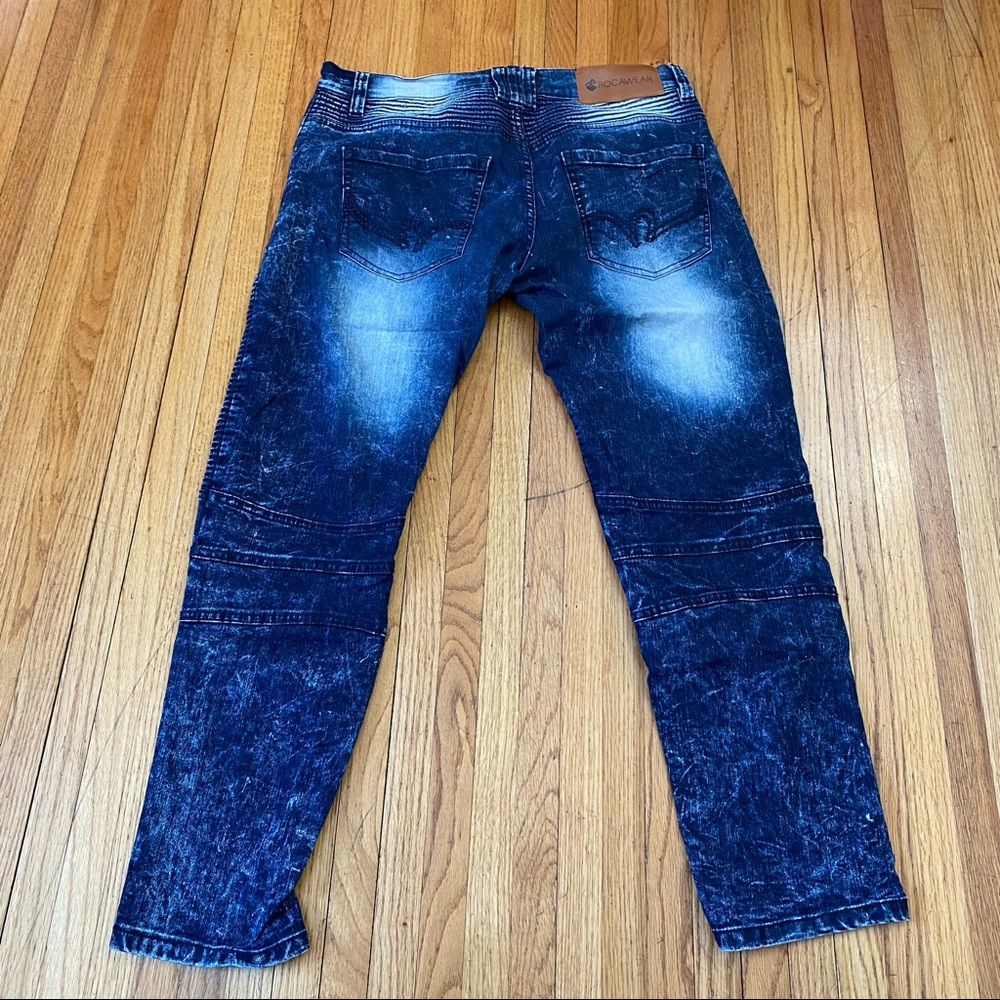 Rocawear Mens 34 Moto Slim Fit Stretch Distressed Skinny Blue Jeans Acid Wash